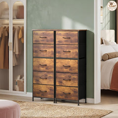5 Drawer Tall Dresser, Slim Fabric Storage Organizer, Rustic Wood Top, Freestanding Tower