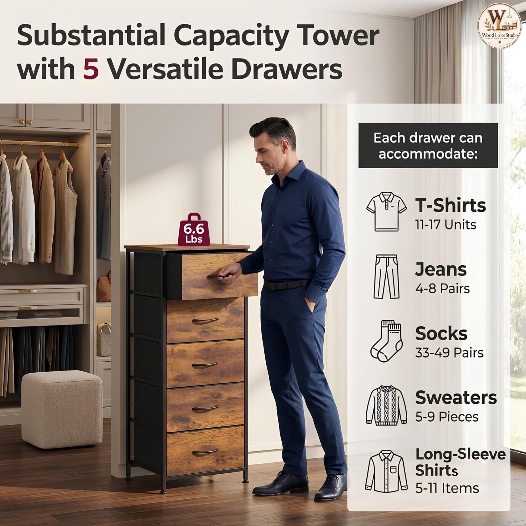 5 Drawer Tall Dresser, Slim Fabric Storage Organizer, Rustic Wood Top, Freestanding Tower