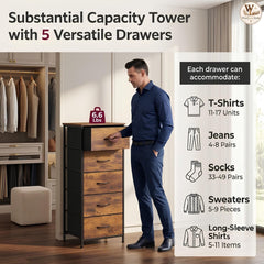 5 Drawer Tall Dresser, Slim Fabric Storage Organizer, Rustic Wood Top, Freestanding Tower