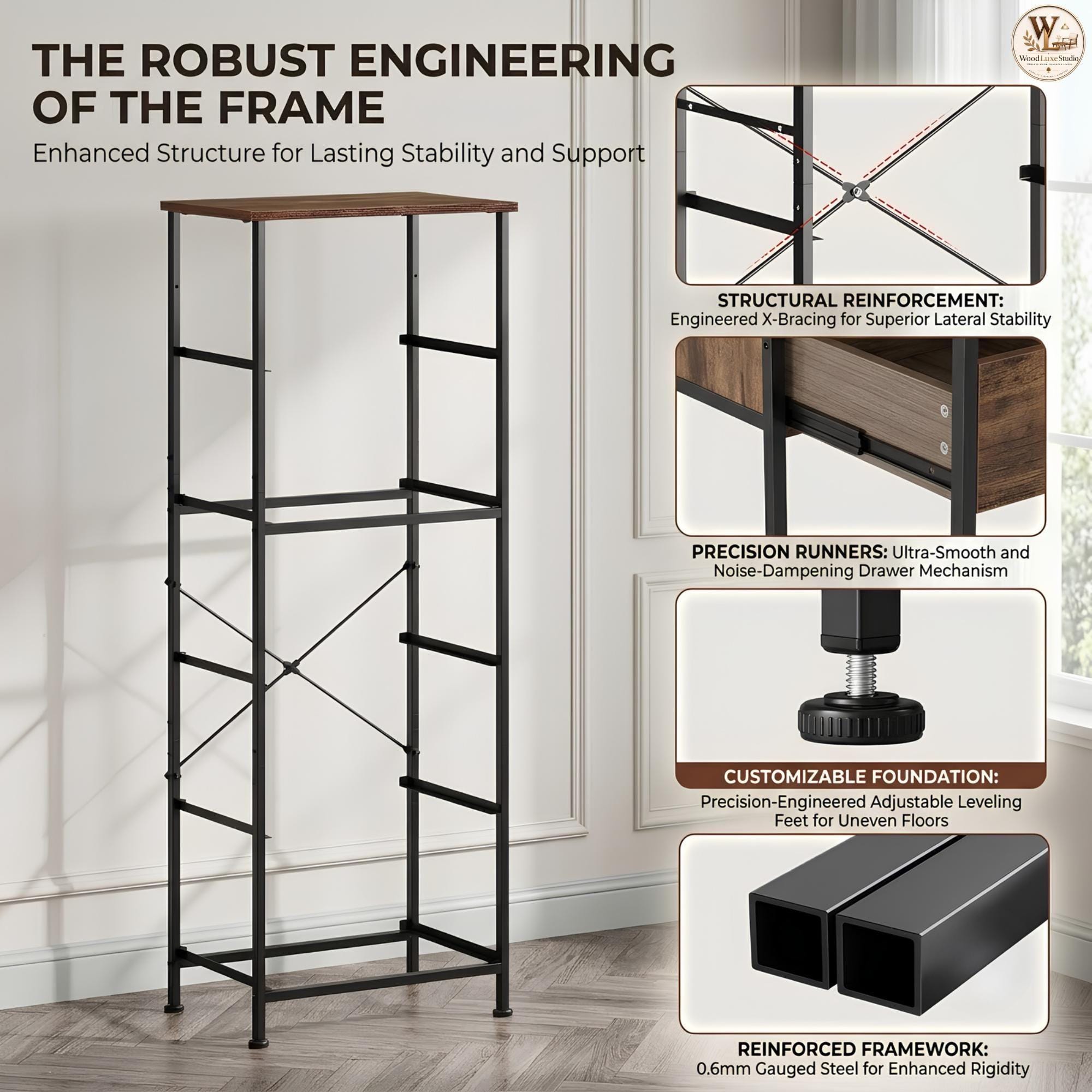 5 Drawer Tall Dresser, Slim Fabric Storage Organizer, Rustic Wood Top, Freestanding Tower