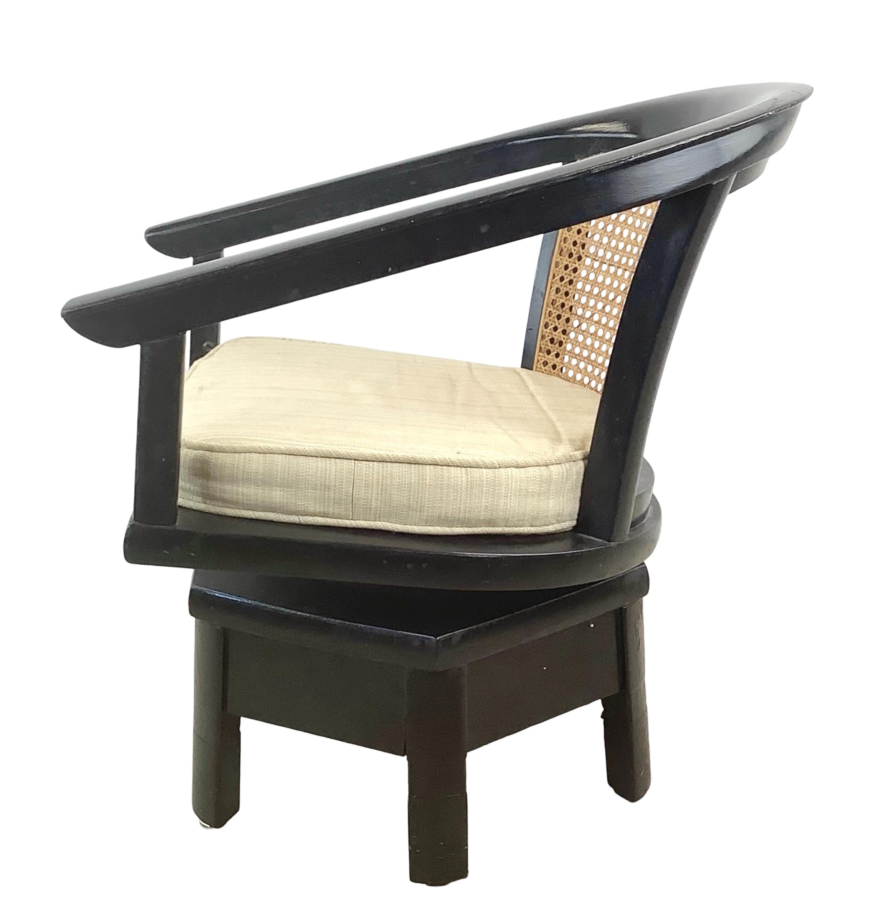 Vintage Black Lacquer Swivel Chair with Cane Back