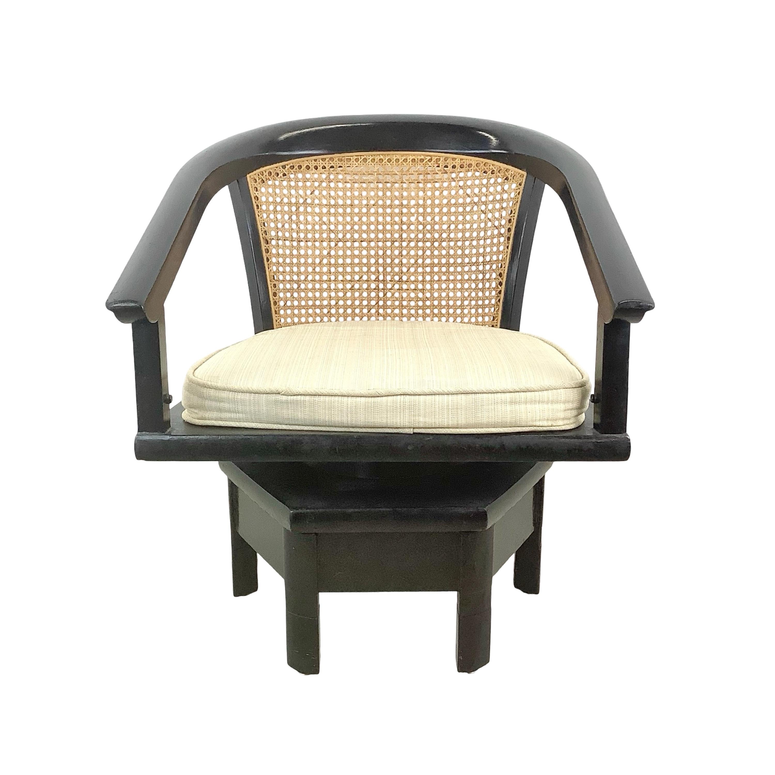 Vintage Black Lacquer Swivel Chair with Cane Back