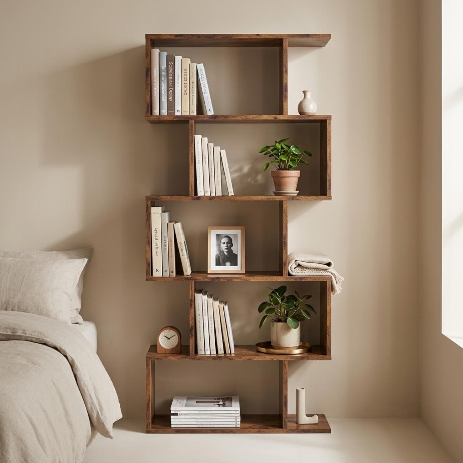 Asymmetrical Wooden Bookshelf, 5 Tier Open Bookcase, Geometric Display Shelf, Freestanding Floor Shelf for Living Room