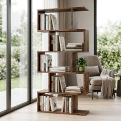 Asymmetrical Wooden Bookshelf, 5 Tier Open Bookcase, Geometric Display Shelf, Freestanding Floor Shelf for Living Room