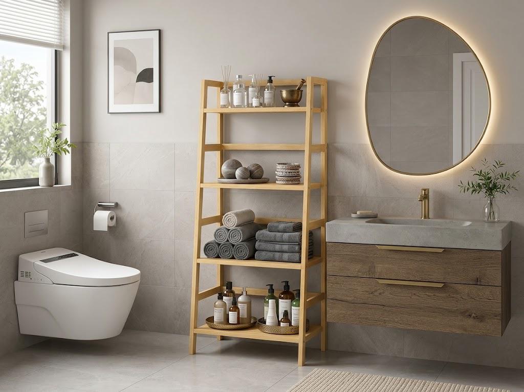 4 Tier Bamboo Ladder Shelf, Freestanding Plant Stand, Bathroom Storage (Natural)