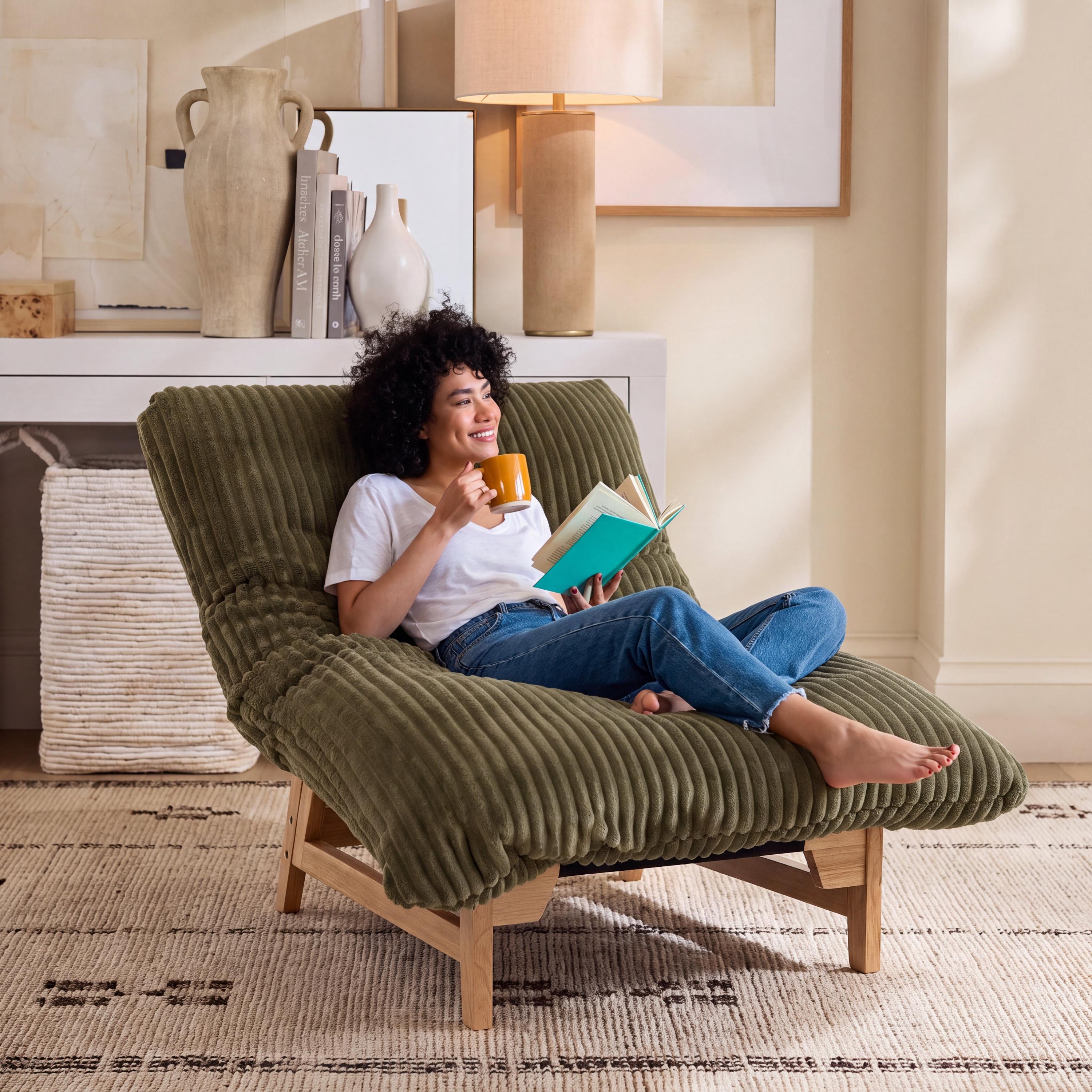Solid Oak Lounge Chair with Corduroy Cushion – Japandi Armless Sling Furniture
