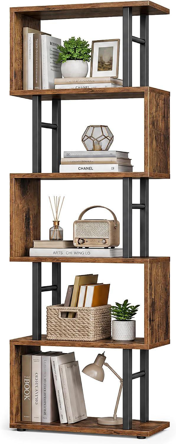 6 Tier S Shaped Bookshelf, Rustic Brown, Tall Display Shelf, 12 Compartment Storage Organizer for Home Office Decor 9.4 x 15 x 61.9 In