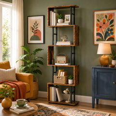 6 Tier S Shaped Bookshelf, Rustic Brown, Tall Display Shelf, 12 Compartment Storage Organizer for Home Office Decor 9.4 x 15 x 61.9 In