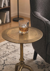 Round Brass Side Table with Lines Textured Top