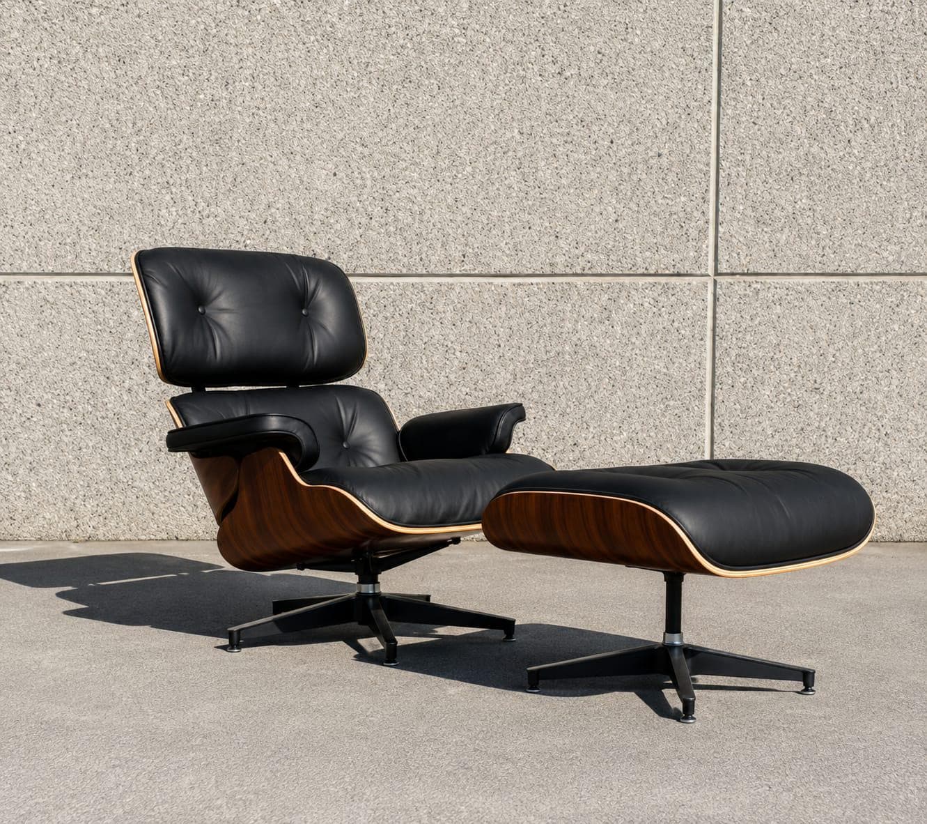 Black Genuine Leather Lounge Chair with Ottoman, Walnut Wood Recliner, Mid Century Modern Armchair