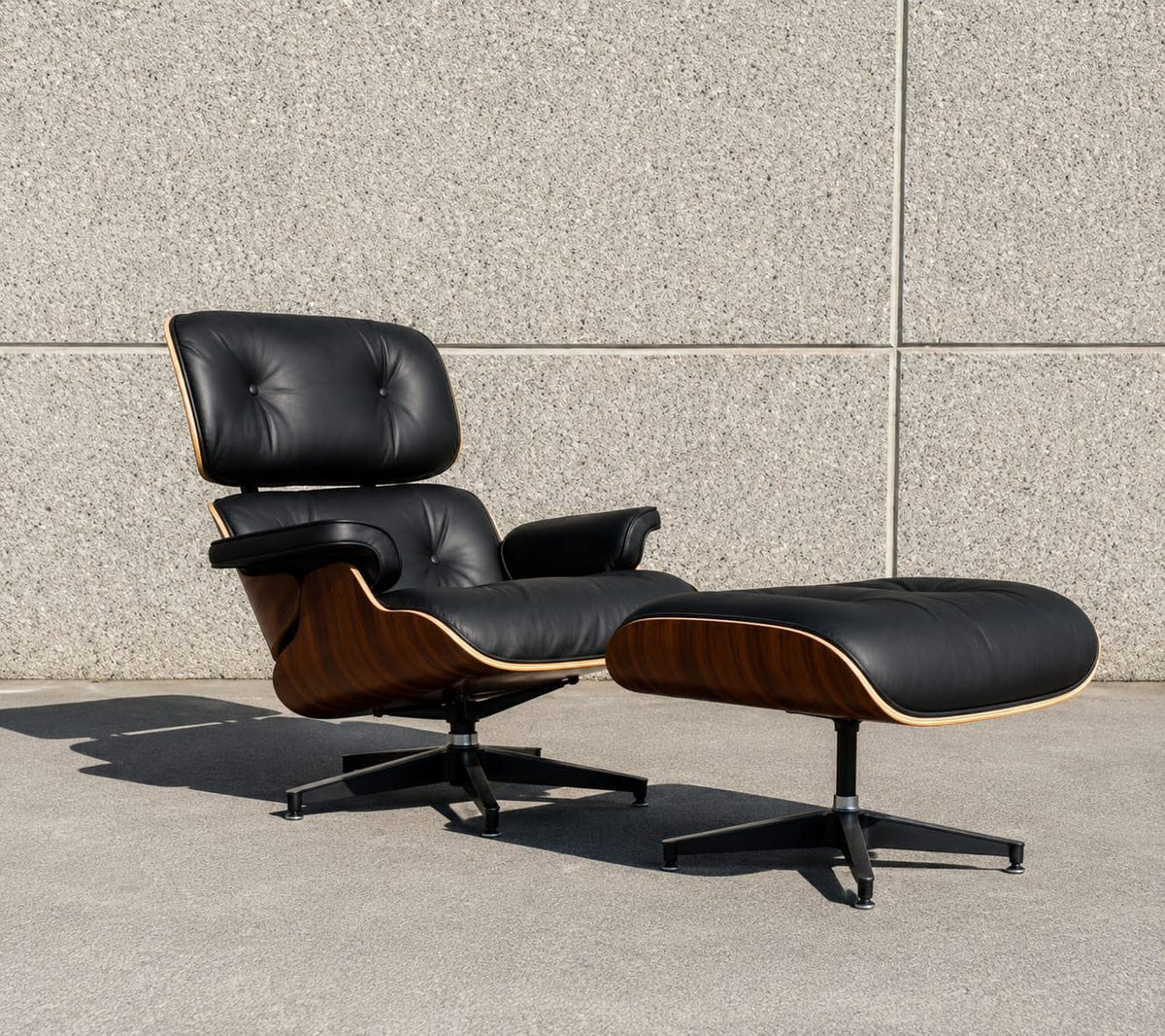 Black Genuine Leather Lounge Chair with Ottoman, Walnut Wood Recliner, Mid Century Modern Armchair