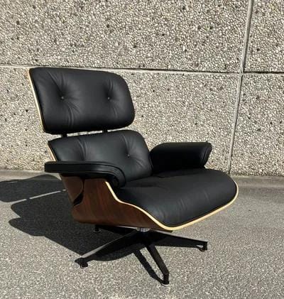 Black Genuine Leather Lounge Chair with Ottoman, Walnut Wood Recliner, Mid Century Modern Armchair