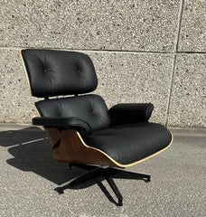 Black Genuine Leather Lounge Chair with Ottoman, Walnut Wood Recliner, Mid Century Modern Armchair