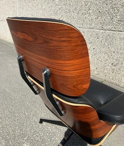 Black Genuine Leather Lounge Chair with Ottoman, Walnut Wood Recliner, Mid Century Modern Armchair