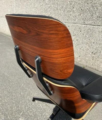 Black Genuine Leather Lounge Chair with Ottoman, Walnut Wood Recliner, Mid Century Modern Armchair