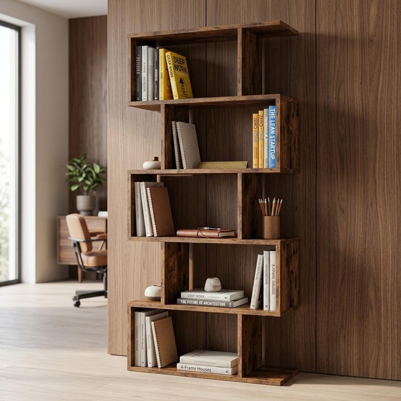 Asymmetrical Wooden Bookshelf, 5 Tier Open Bookcase, Geometric Display Shelf, Freestanding Floor Shelf for Living Room