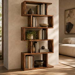 Asymmetrical Wooden Bookshelf, 5 Tier Open Bookcase, Geometric Display Shelf, Freestanding Floor Shelf for Living Room