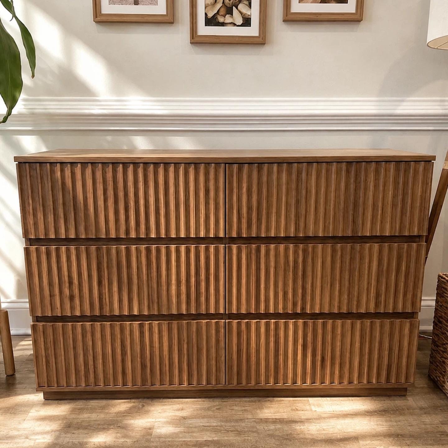 Walnut Brown Fluted 6-Drawer Dresser, 47.2" Wide Mid Century Storage Chest
