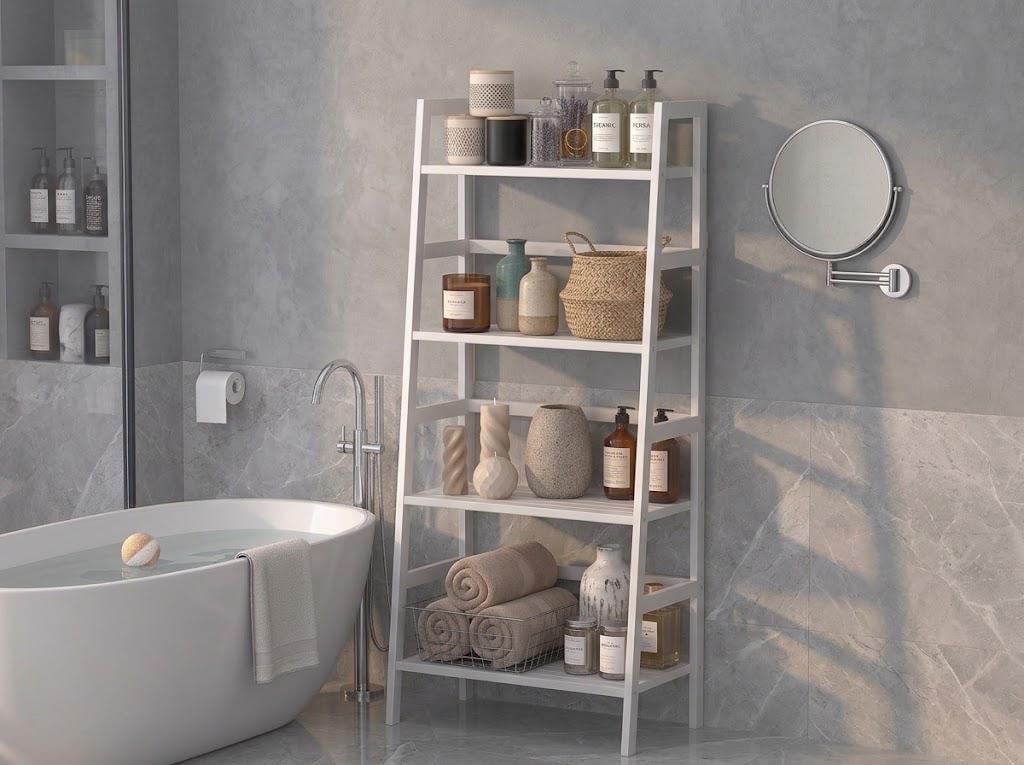 4 Tier Bamboo Ladder Shelf, Freestanding Plant Stand, Bathroom Storage (Natural)