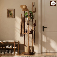 Rotating Wood Coat Rack Freestanding, Hall Tree with 3 Shelves & 9 Hooks, Solid Rubberwood Corner Garment Rack, Entryway Coat Stand