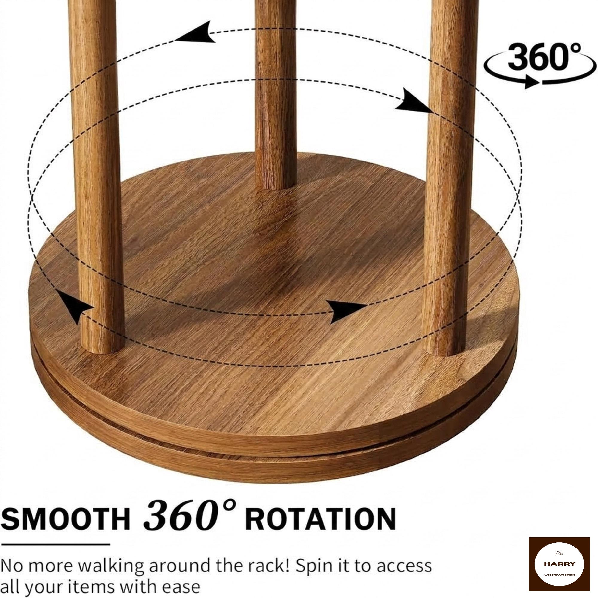 Rotating Wood Coat Rack Freestanding, Hall Tree with 3 Shelves & 9 Hooks, Solid Rubberwood Corner Garment Rack, Entryway Coat Stand