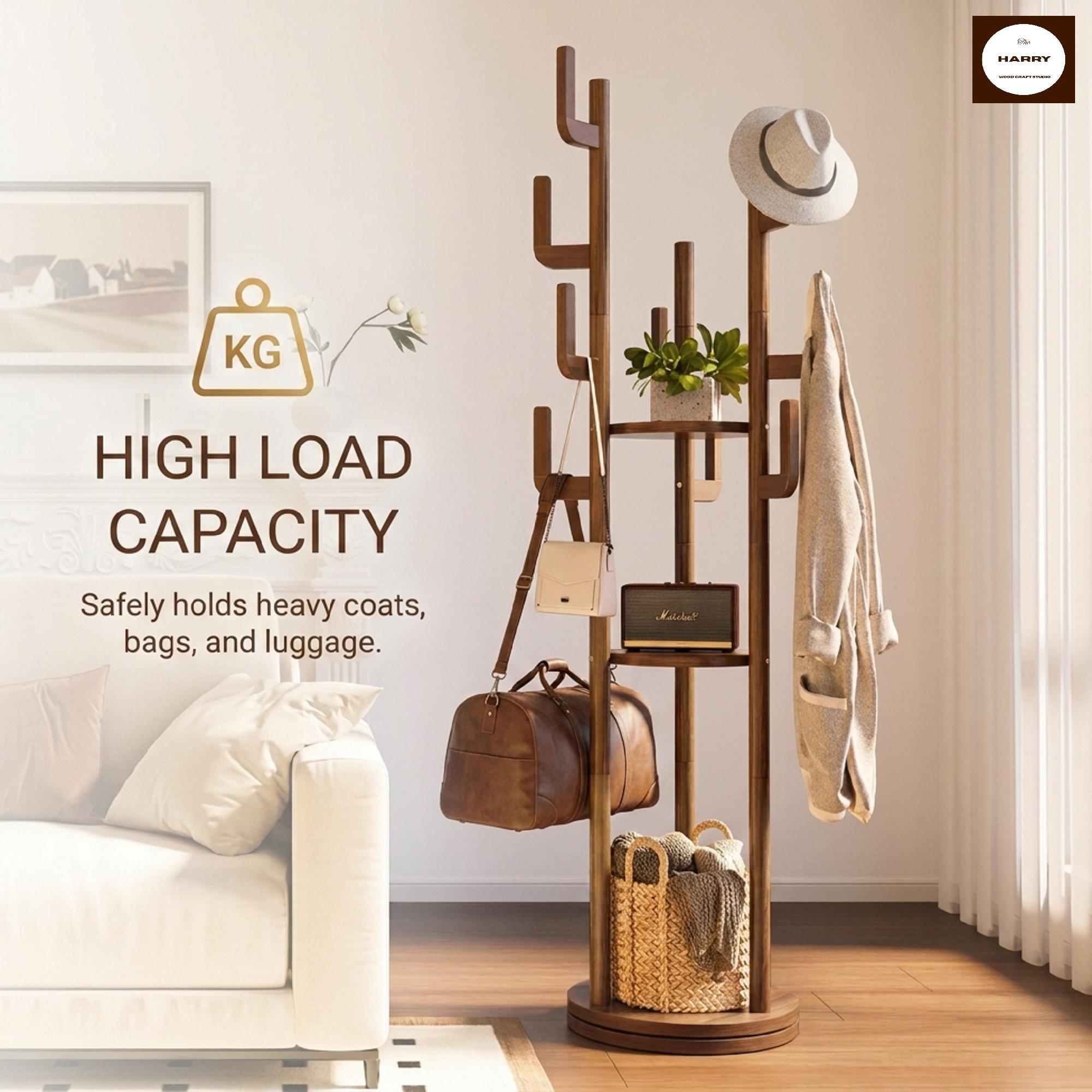 Rotating Wood Coat Rack Freestanding, Hall Tree with 3 Shelves & 9 Hooks, Solid Rubberwood Corner Garment Rack, Entryway Coat Stand