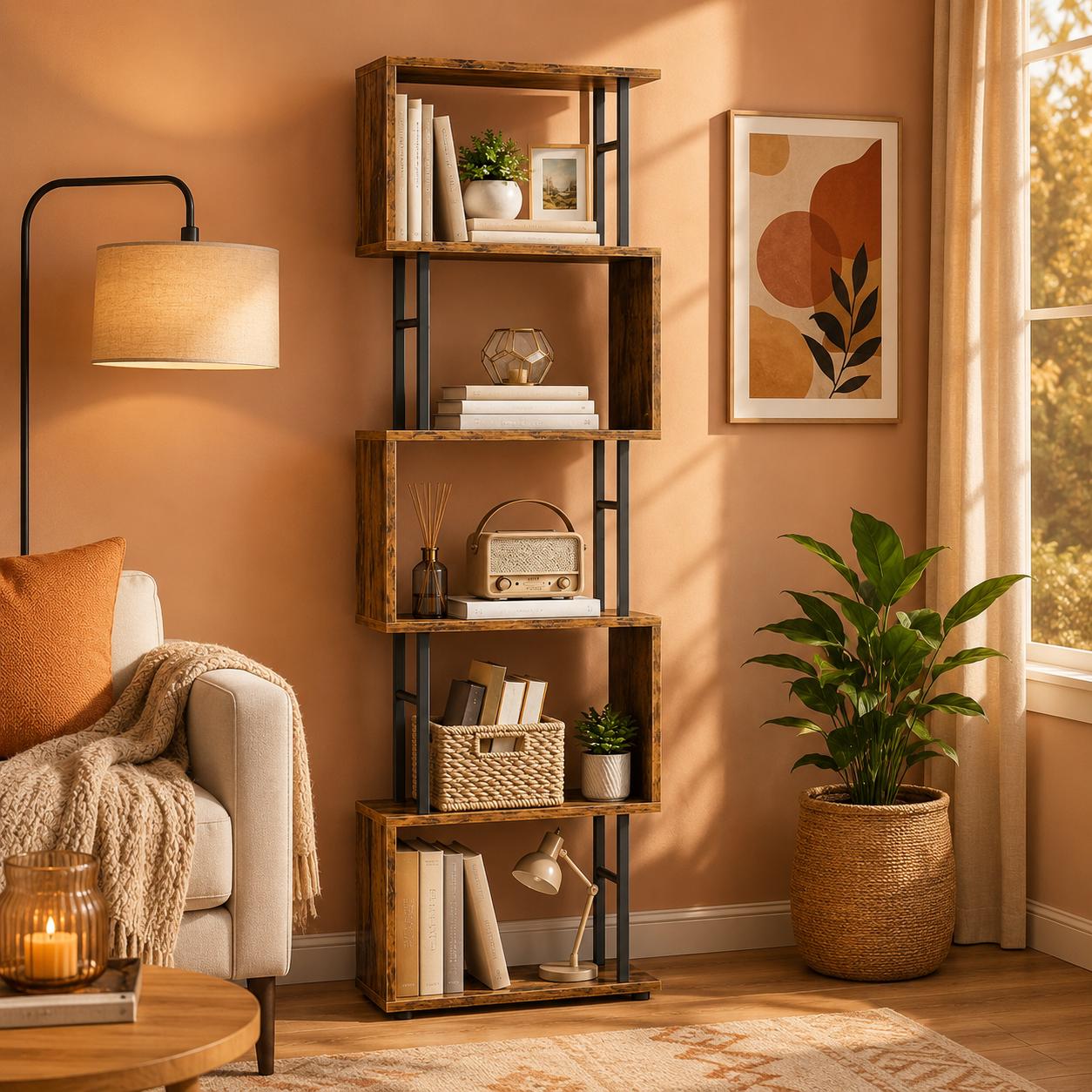 6 Tier S Shaped Bookshelf, Rustic Brown, Tall Display Shelf, 12 Compartment Storage Organizer for Home Office Decor 9.4 x 15 x 61.9 In