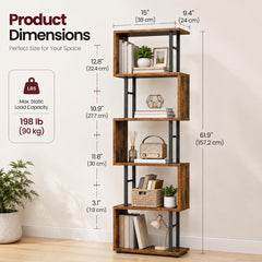 6 Tier S Shaped Bookshelf, Rustic Brown, Tall Display Shelf, 12 Compartment Storage Organizer for Home Office Decor 9.4 x 15 x 61.9 In