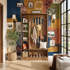 Farmhouse Hall Tree With Bench Coat Rack Shoe Storage Entryway Organizer