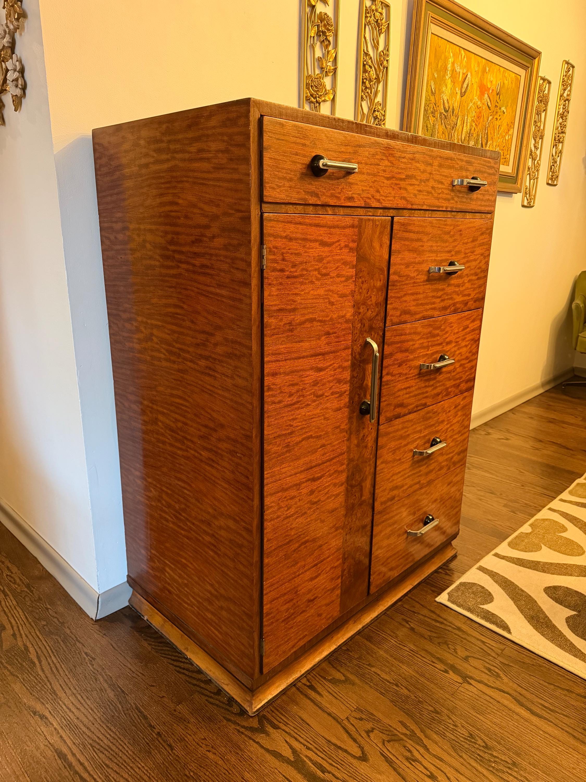 1940s Art Deco Williamsport Tiger Wood Streamline Highboy Dresser with Cabinet
