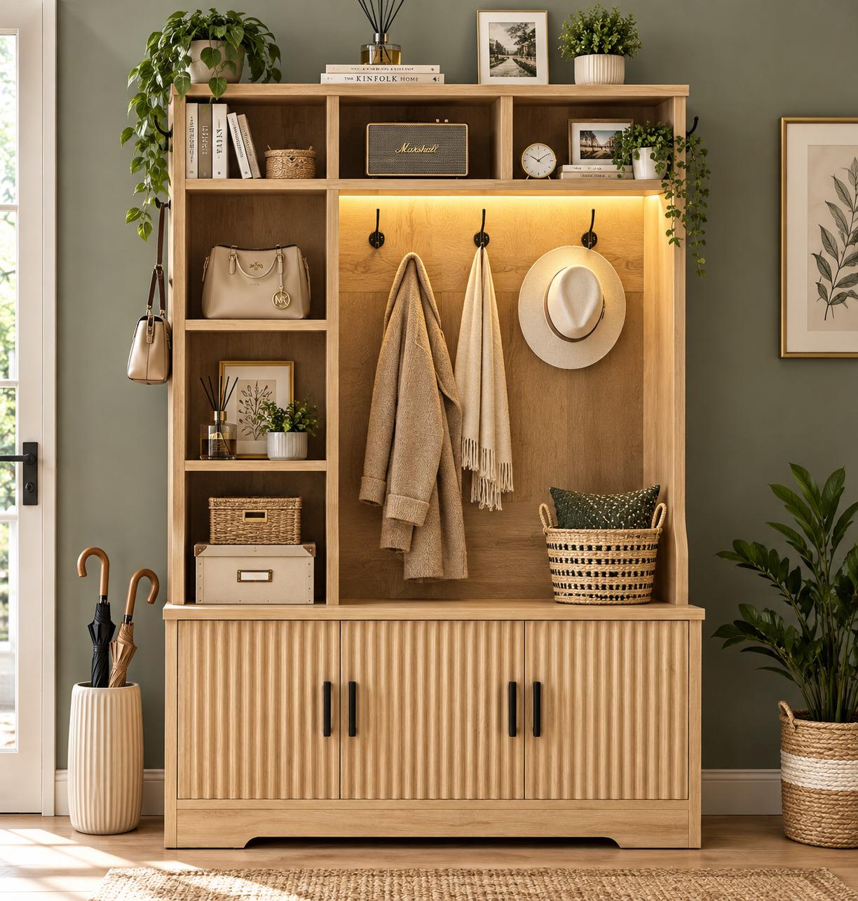 Entryway Hall Tree with Coat Hooks, Shoe Storage Bench, Shelves and Entryway Organizer Cabinet