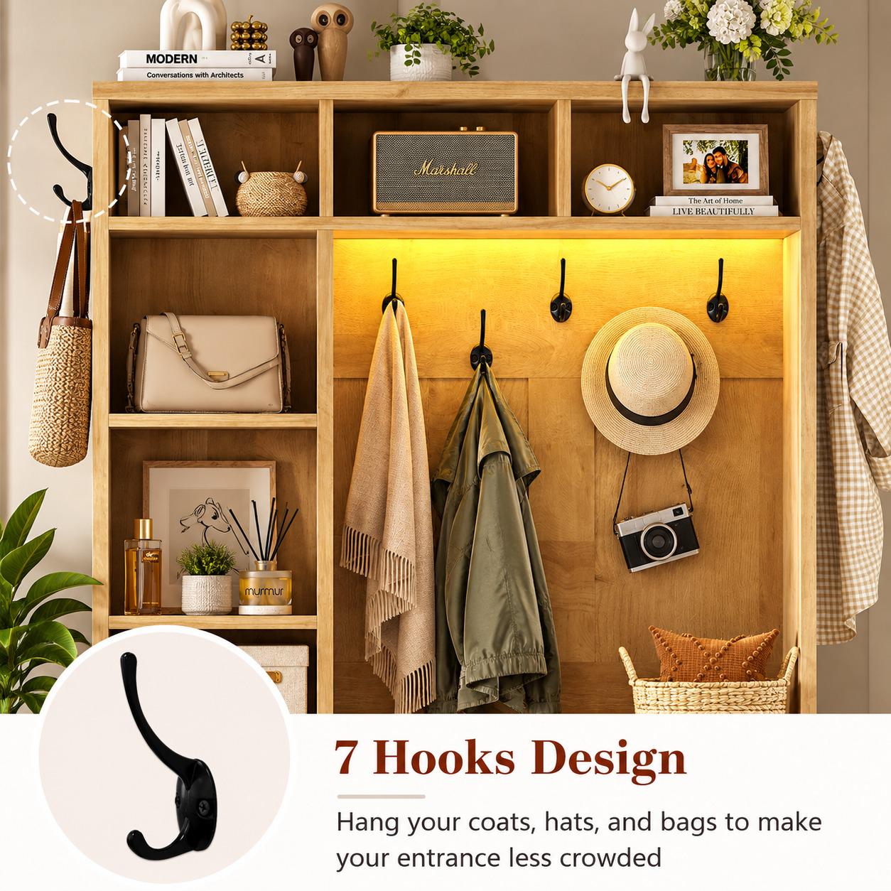 Entryway Hall Tree with Coat Hooks, Shoe Storage Bench, Shelves and Entryway Organizer Cabinet