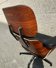 Black Genuine Leather Lounge Chair with Ottoman, Walnut Wood Recliner, Mid Century Modern Armchair