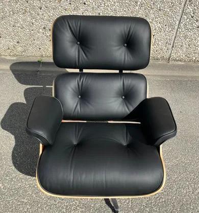 Black Genuine Leather Lounge Chair with Ottoman, Walnut Wood Recliner, Mid Century Modern Armchair