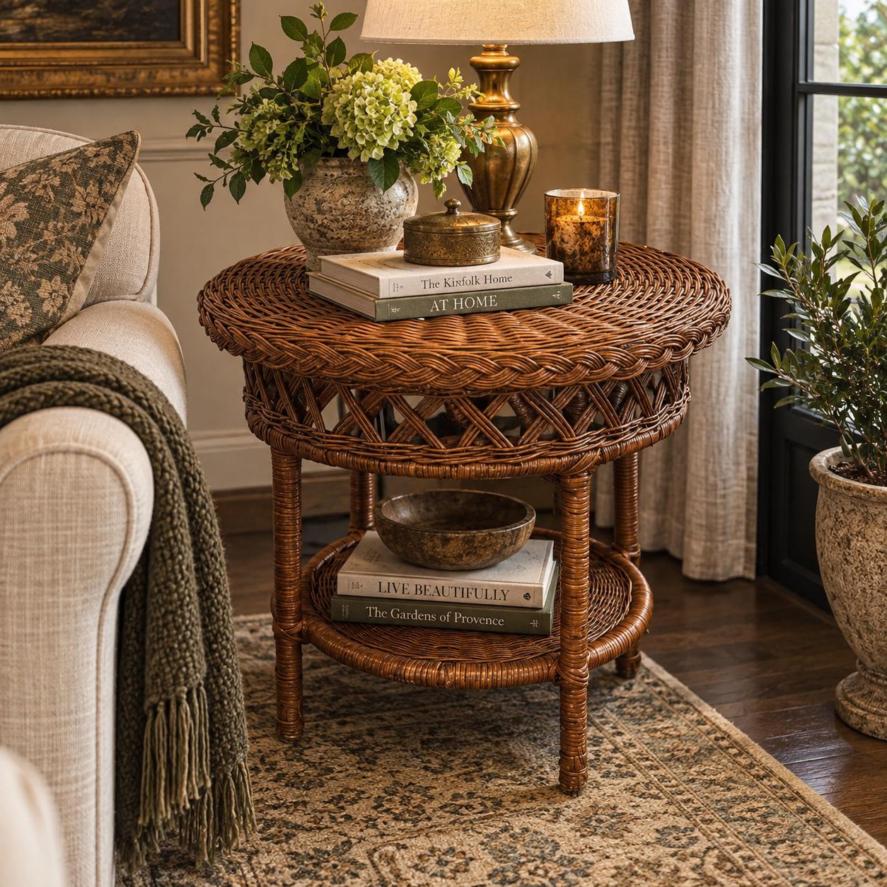 Vintage Rattan Wicker Side Table 22 Inch Round Braided Two Tier End Table