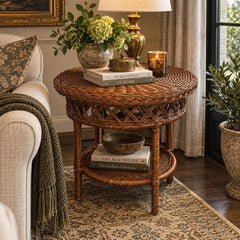 Vintage Rattan Wicker Side Table 22 Inch Round Braided Two Tier End Table