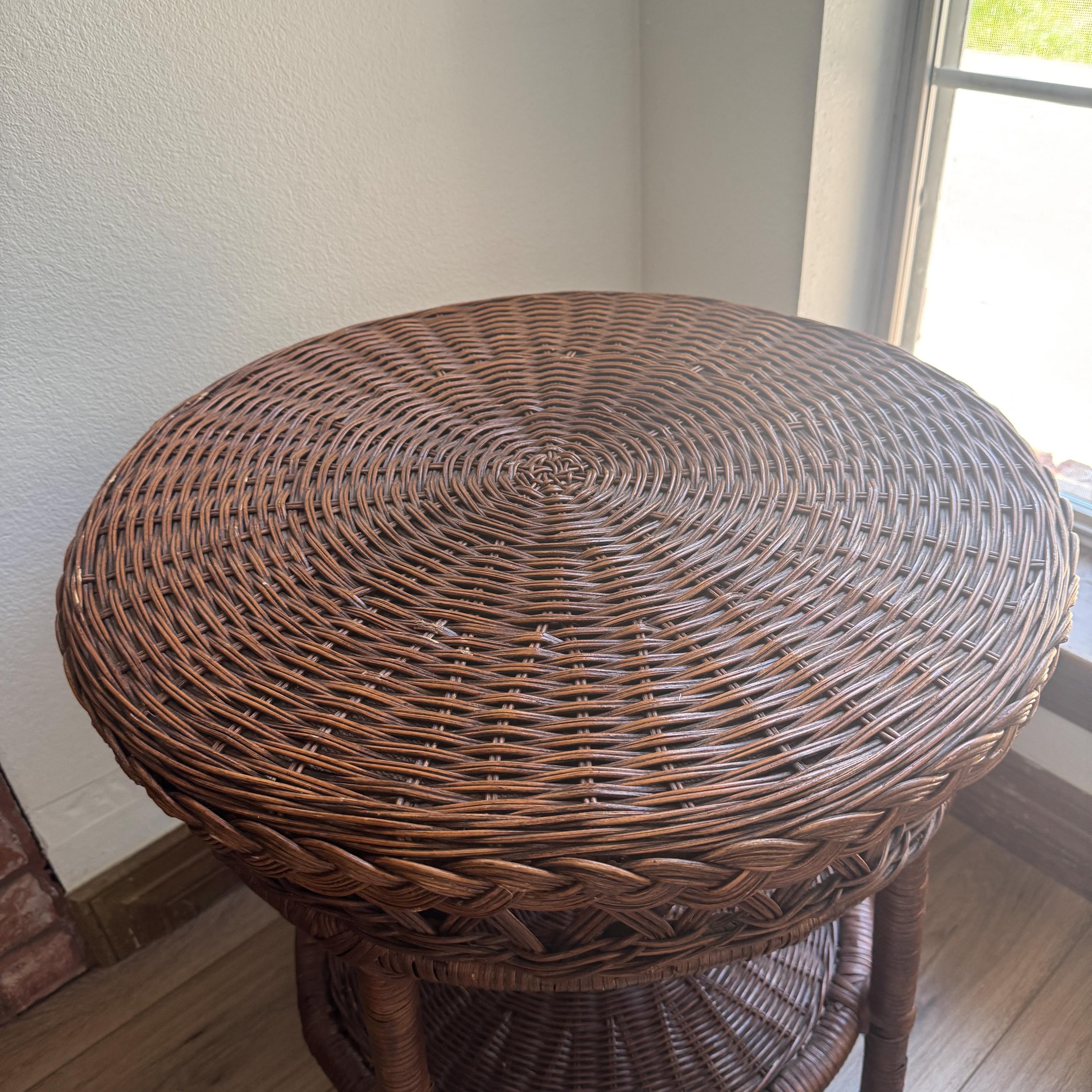 Vintage Rattan Wicker Side Table 22 Inch Round Braided Two Tier End Table