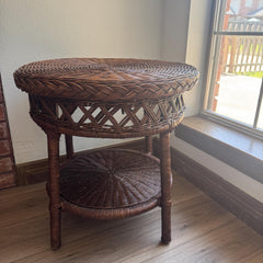 Vintage Rattan Wicker Side Table 22 Inch Round Braided Two Tier End Table