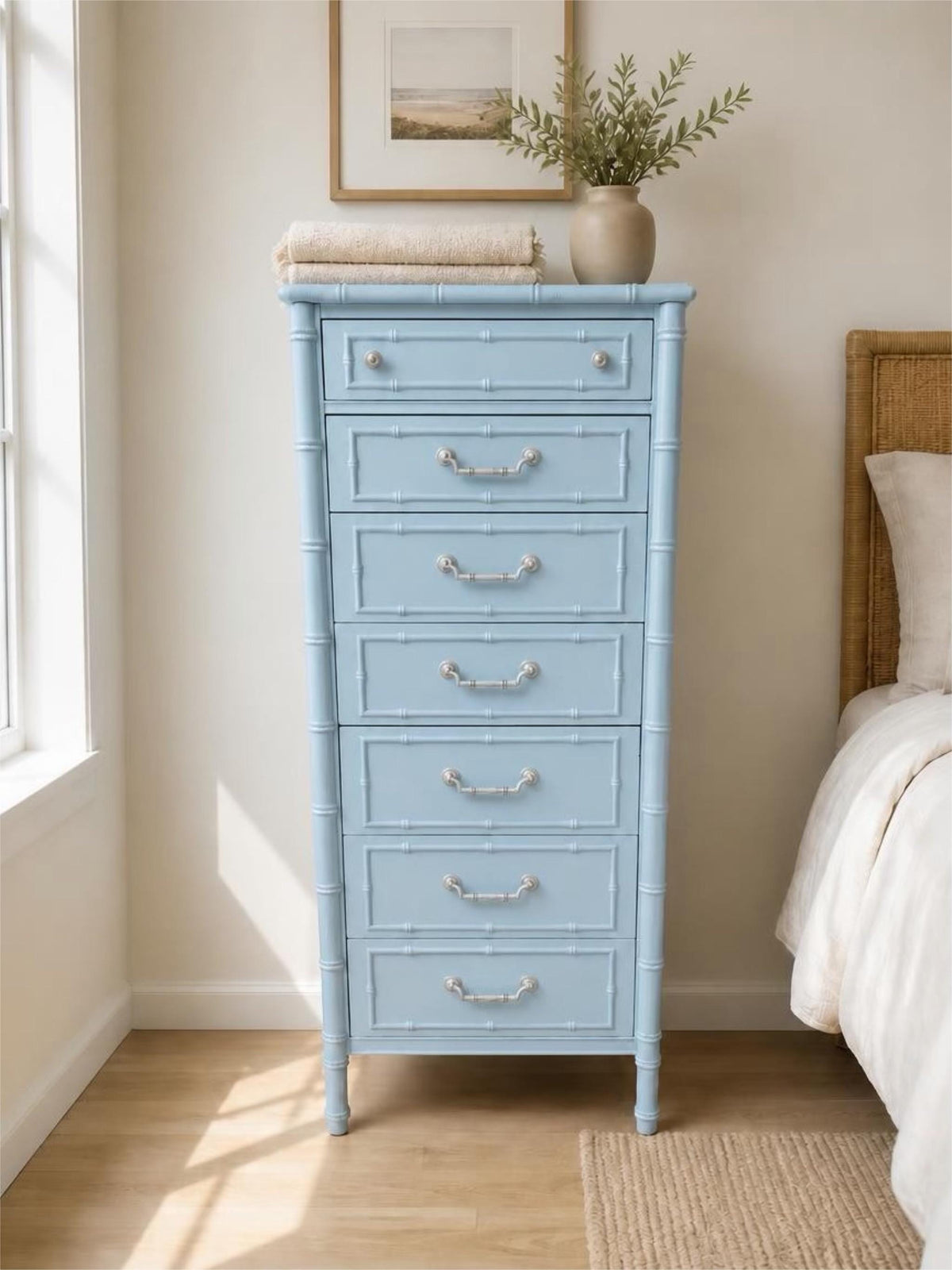 Thomasville Allegro Faux Bamboo Tall 7-Drawer Dresser: Hollywood Regency Palm Beach Style