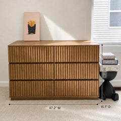 Walnut Brown Fluted 6-Drawer Dresser, 47.2" Wide Mid Century Storage Chest
