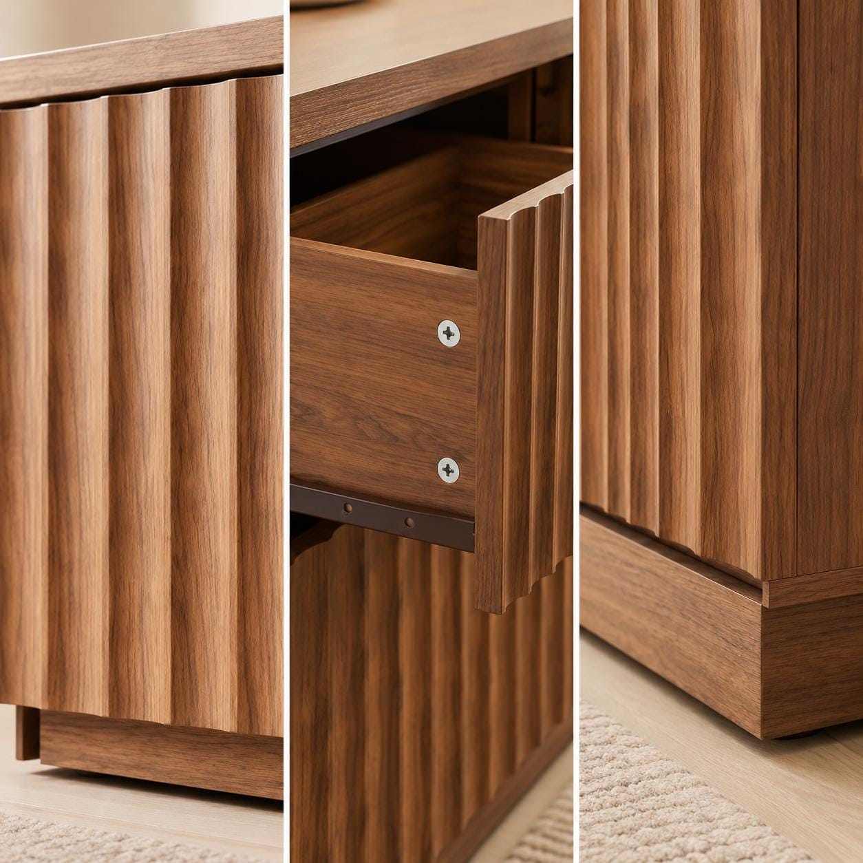 Walnut Brown Fluted 6-Drawer Dresser, 47.2" Wide Mid Century Storage Chest