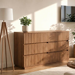 Walnut Brown Fluted 6-Drawer Dresser, 47.2" Wide Mid Century Storage Chest