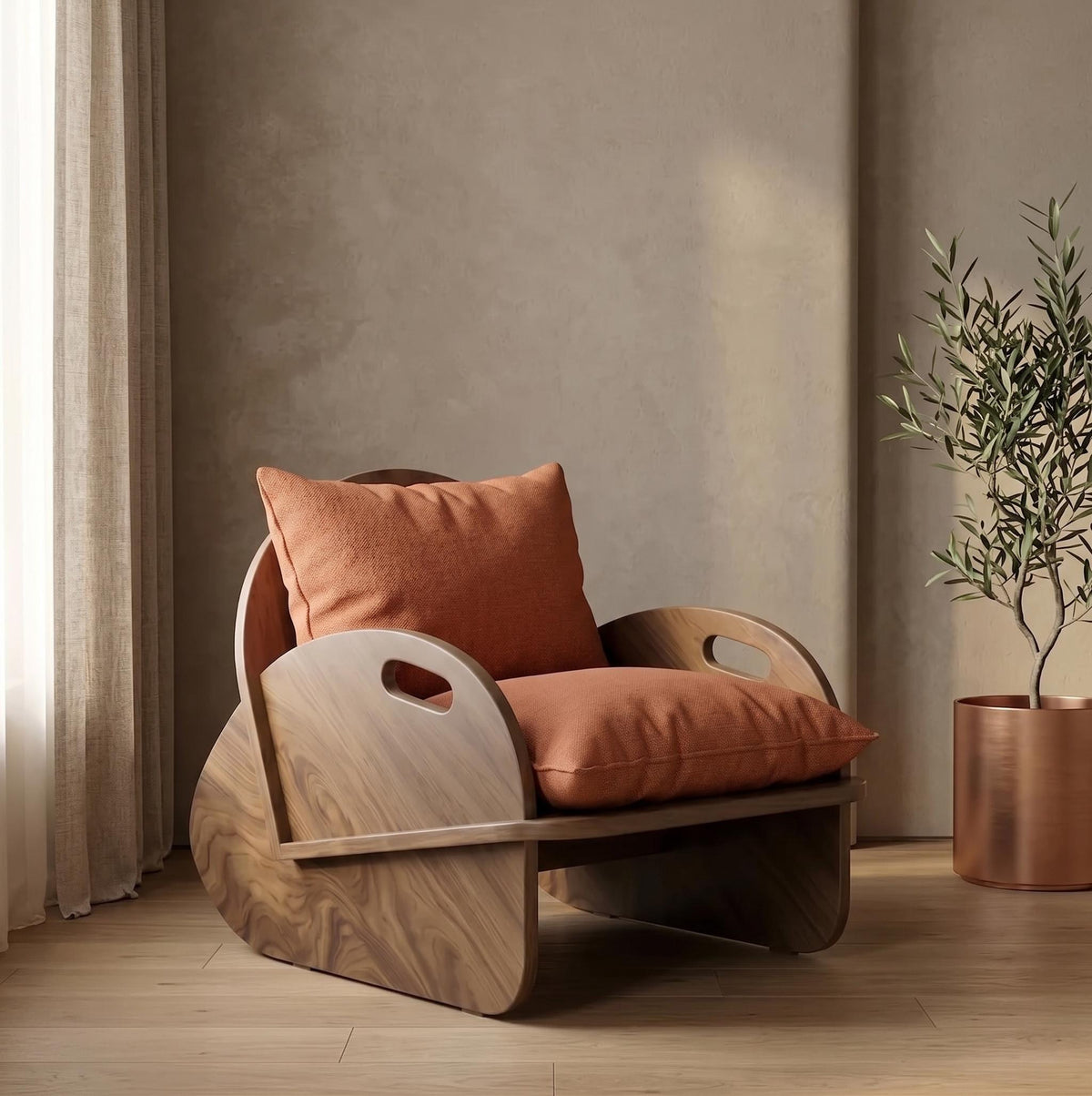 Mid Century Plywood Lounge Chair, Natural Wood Armchair with Linen Cushion