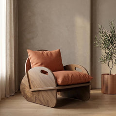 Mid Century Plywood Lounge Chair, Natural Wood Armchair with Linen Cushion