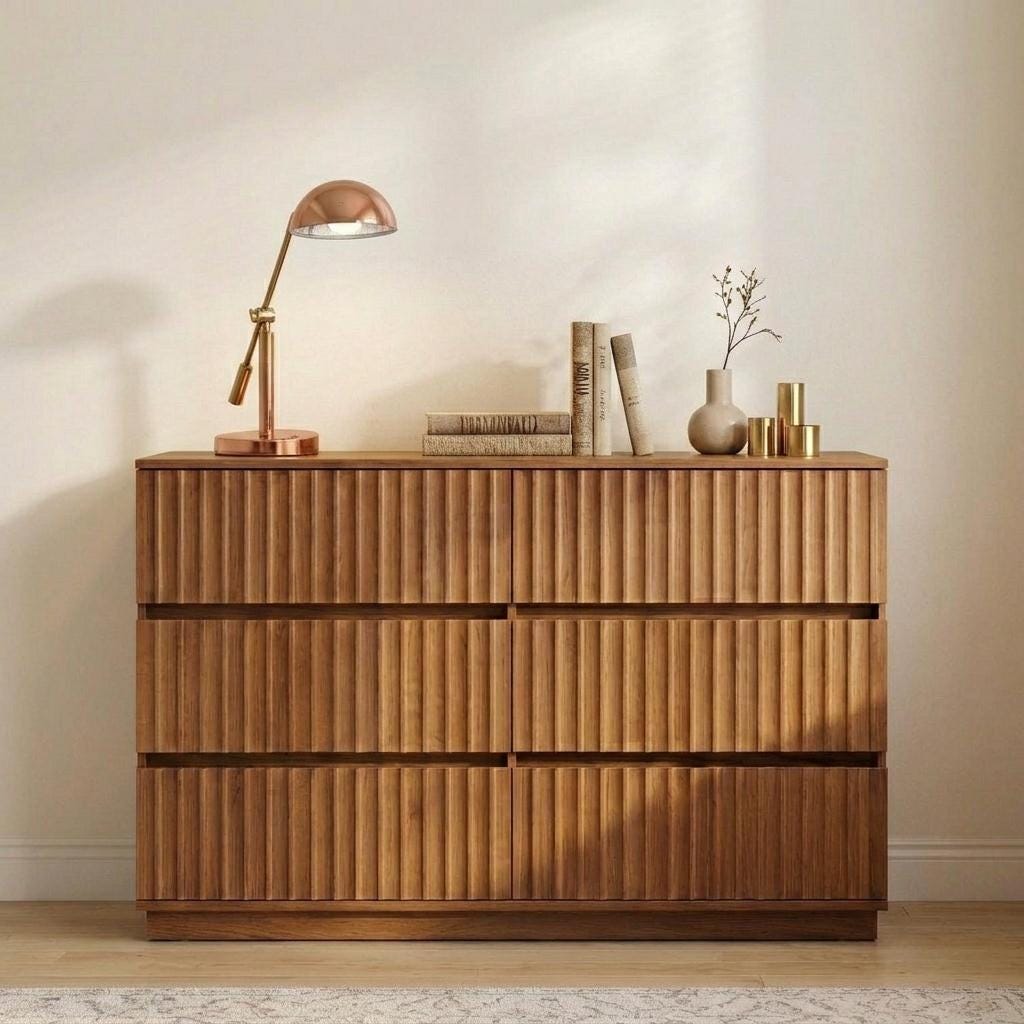 Walnut Brown Fluted 6-Drawer Dresser, 47.2" Wide Mid Century Storage Chest