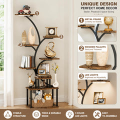 8 Tier Tree Bookshelf with LED Lights, 61.5" Corner Display Shelf, Metal Wood Plant Stand, Living Room Bedroom Storage Rack
