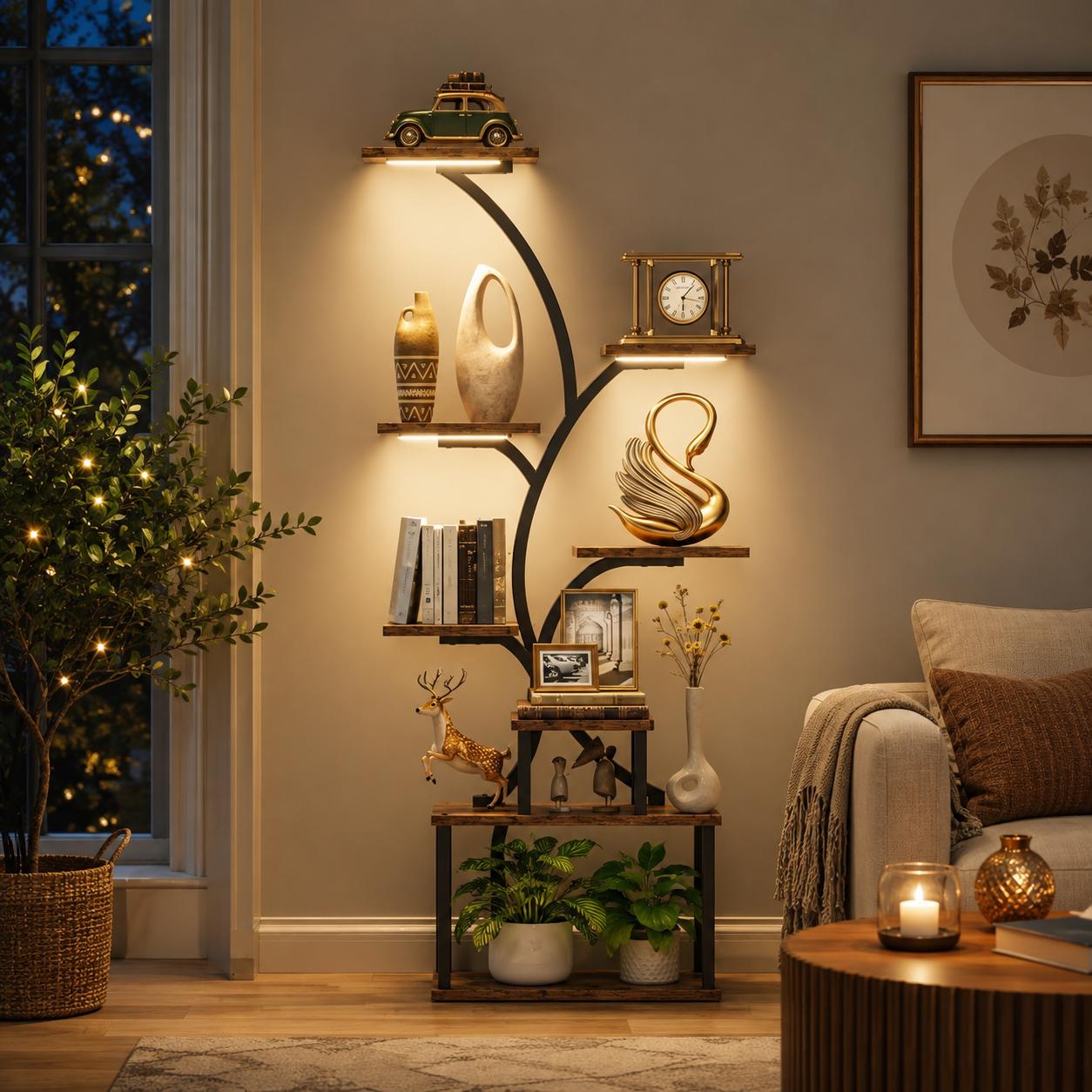 8 Tier Tree Bookshelf with LED Lights, 61.5" Corner Display Shelf, Metal Wood Plant Stand, Living Room Bedroom Storage Rack