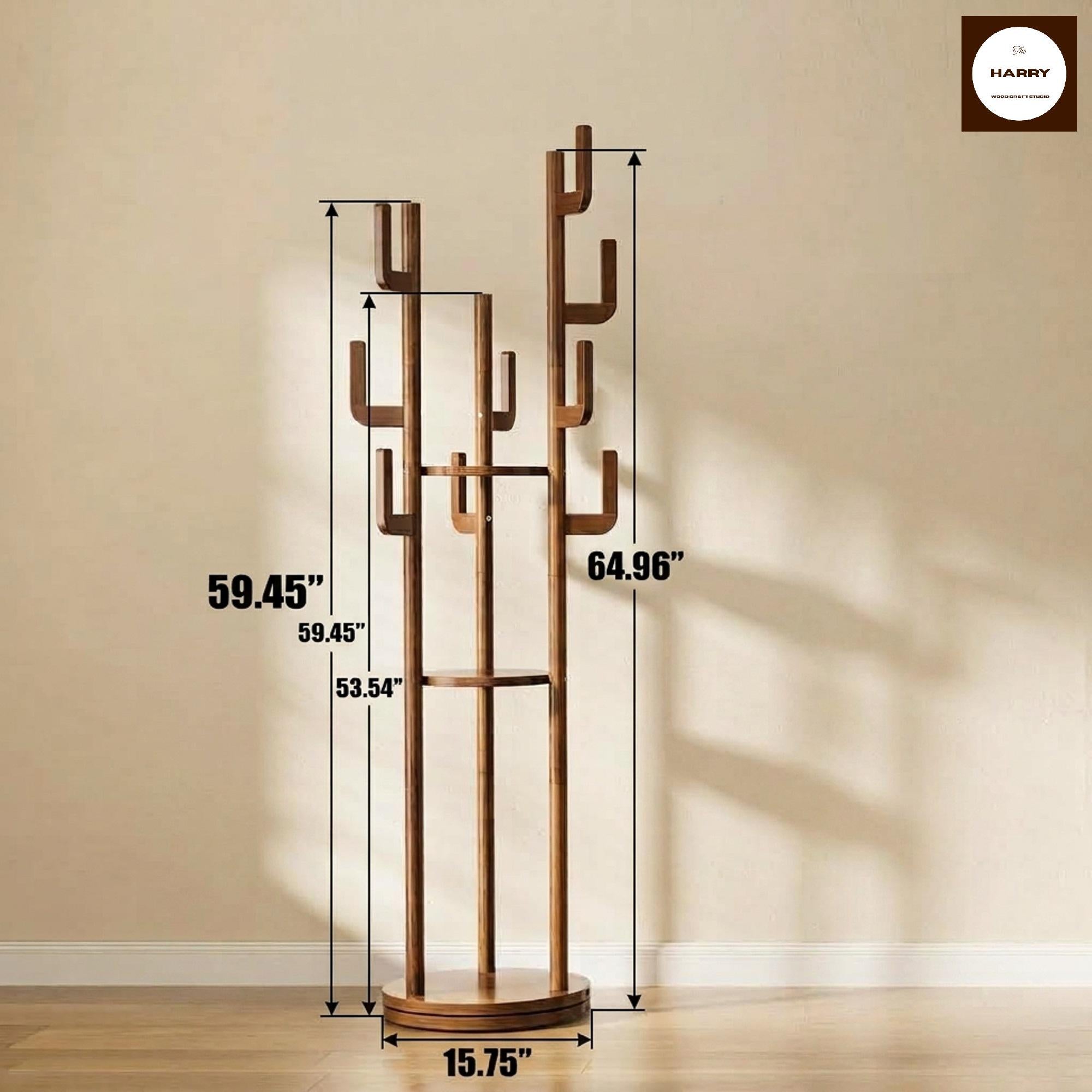 Rotating Wood Coat Rack Freestanding, Hall Tree with 3 Shelves & 9 Hooks, Solid Rubberwood Corner Garment Rack, Entryway Coat Stand