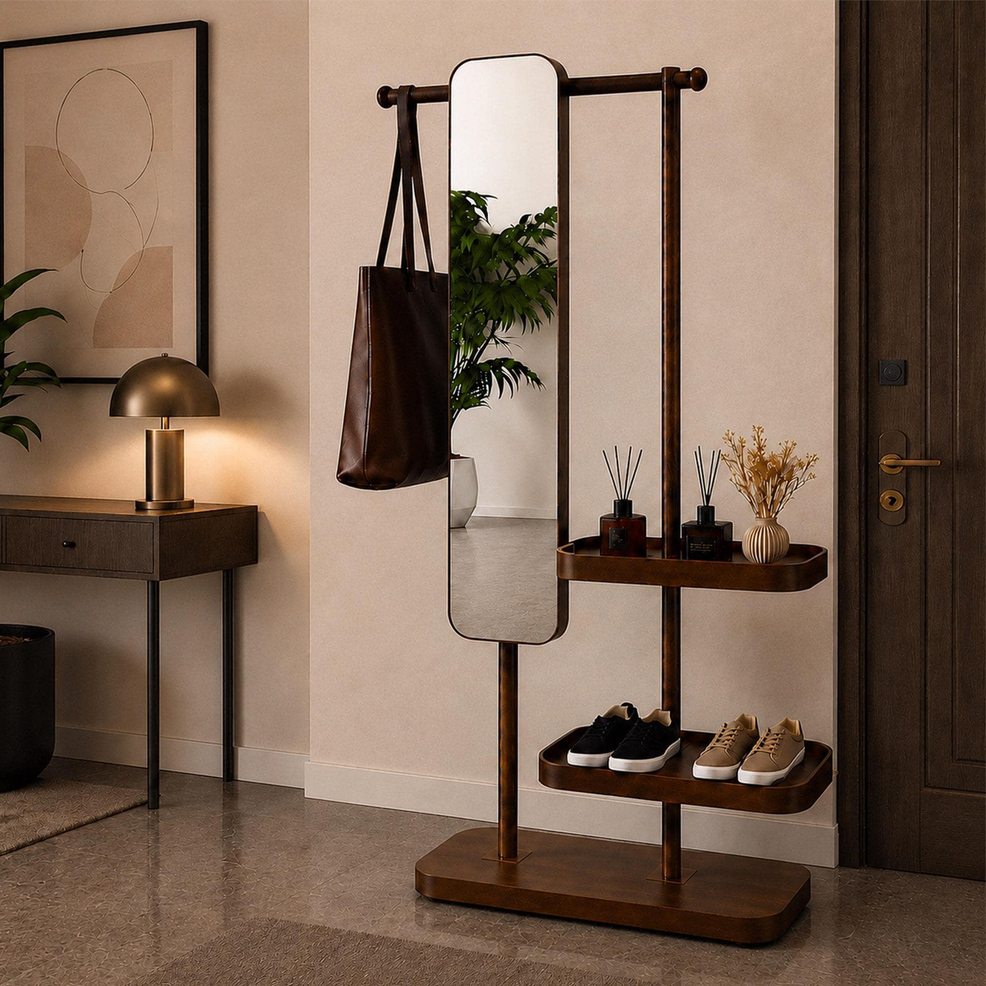 Entryway Organizer with Mirror – Freestanding Coat Rack with Shoe Storage