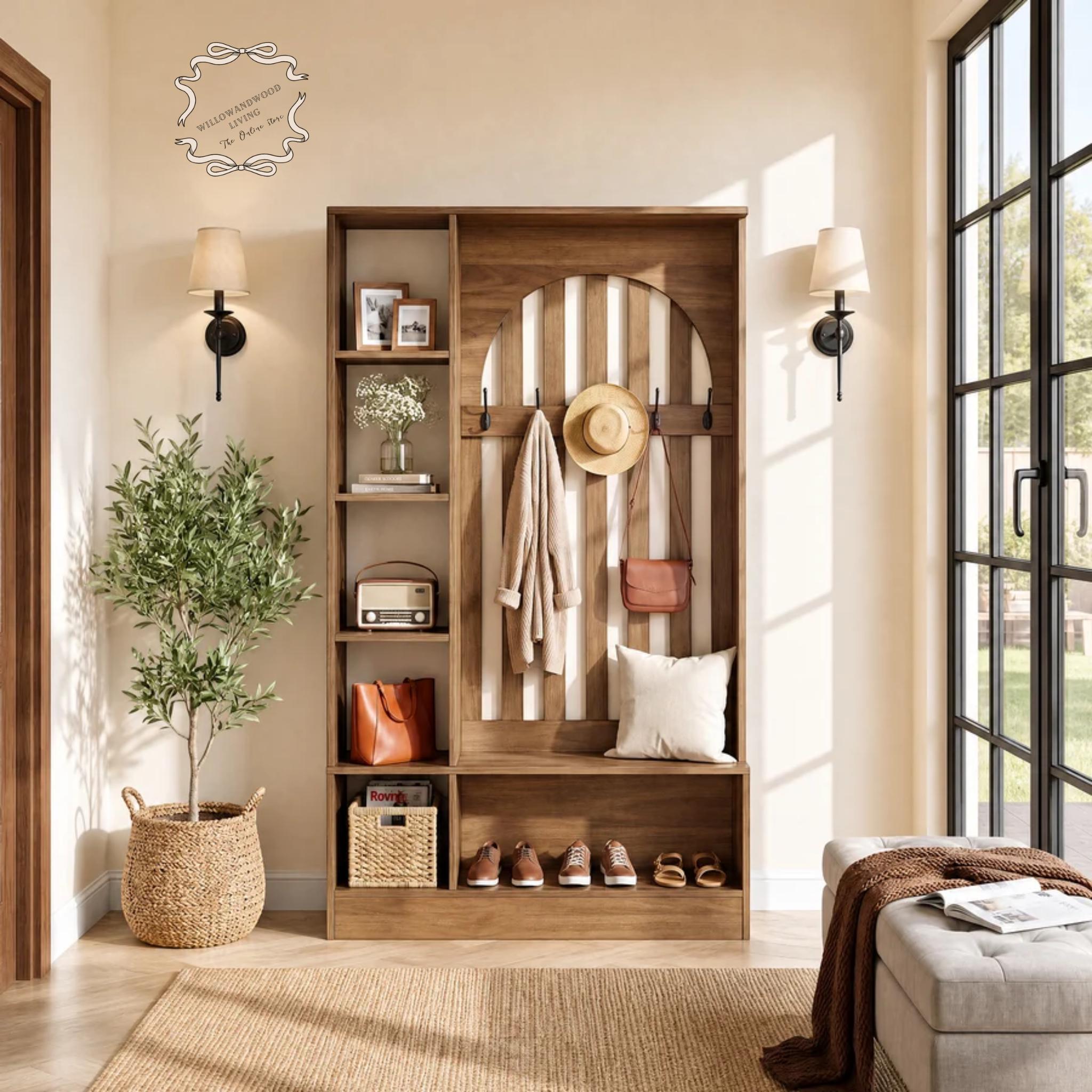 Farmhouse Hall Tree With Bench Coat Rack Shoe Storage Entryway Organizer